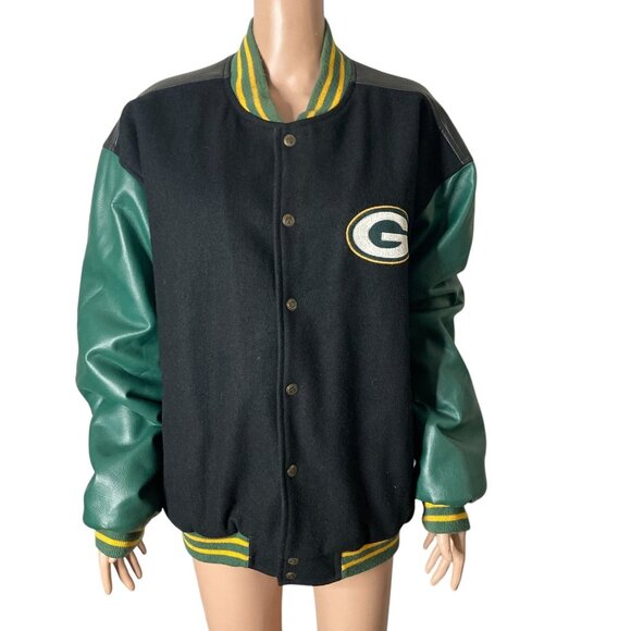 VTG NFL Green Bay Packers Varsity Bomber Jacket Mens Lar Green Black Wool Blend - Picture 14 of 14